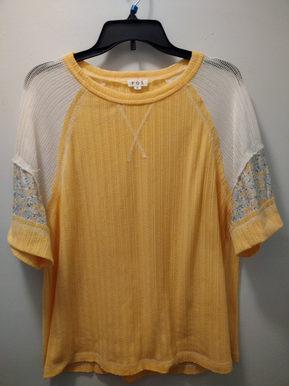 POL Yellow Knit Top with White Mesh Raglan and Floral Sleeves